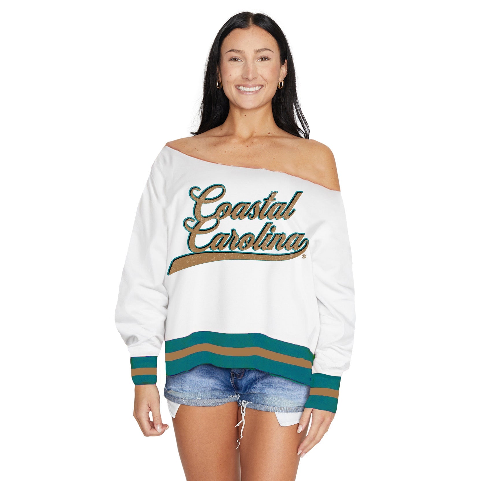 Coastal Carolina Distressed Off the Shoulder Sweatshirt | lojobands