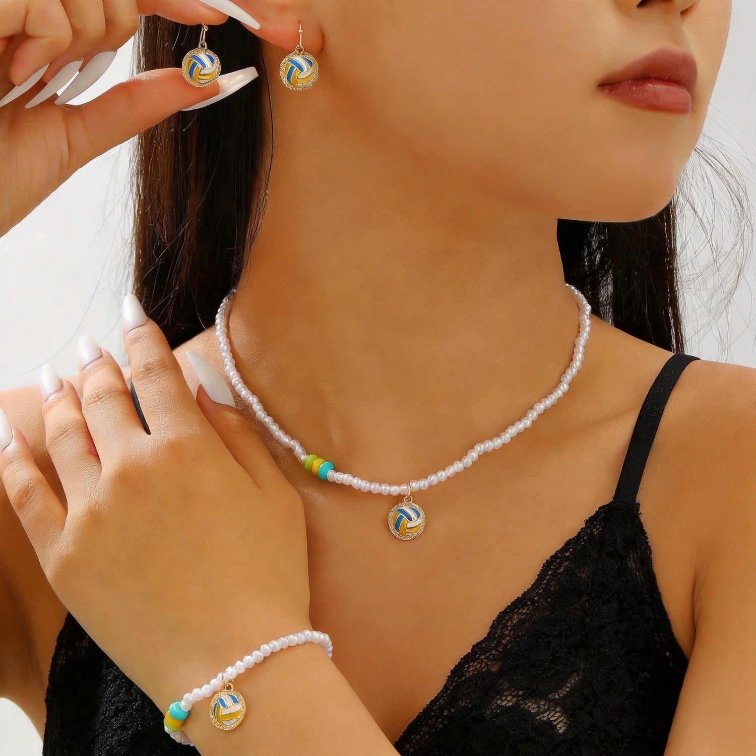 Sporty Soccer Football Rugby Pendant Pearl Beaded Necklace Bracelet Earrings Set 22