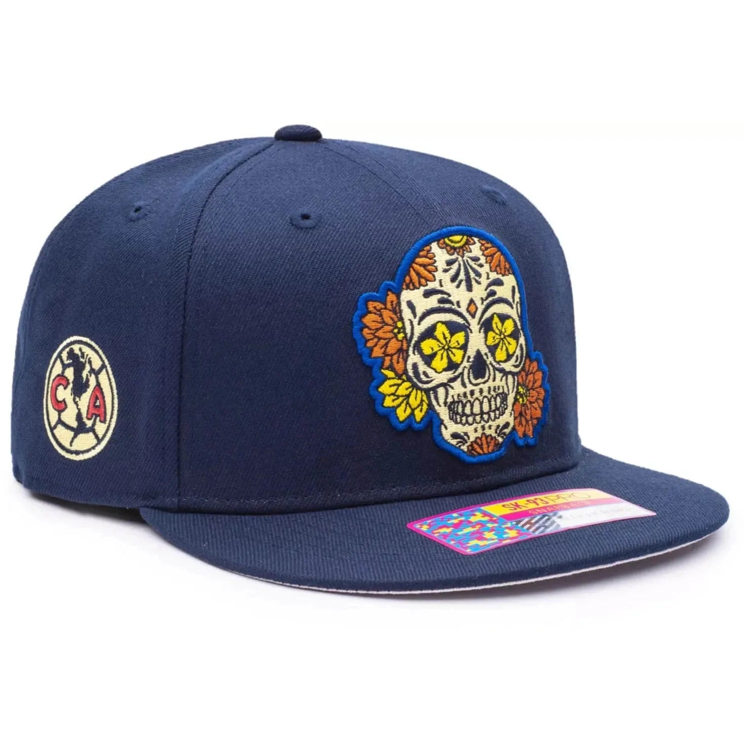Fan Ink Collection Club America Day of the Dead Skull Snapback Hat -Navy-Yellow 3