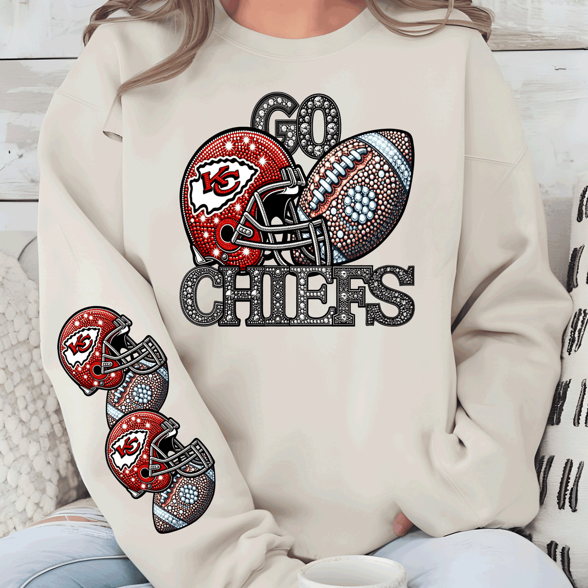 Kansas City Chiefs Glitter Bling Leopard T-Shirt or Sweatshirt | KC Chiefs Bling Shirt Kansas City Football Faux Sequin Sweatshirt- KC Chiefs Sequin Sleeve Design