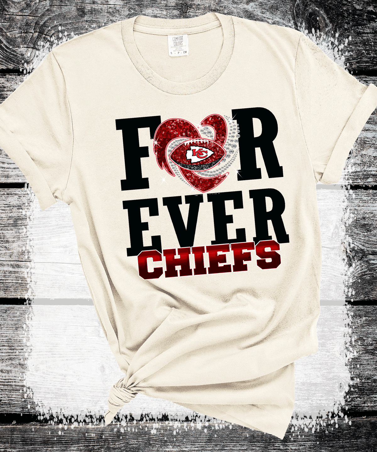 SuperBowl Kansas City Football Faux Glitter Forever Chiefs T-Shirt, KC Football Tee, Game Day Shirt Gift for Mom, Dad, Comfort Colors Oversized Look