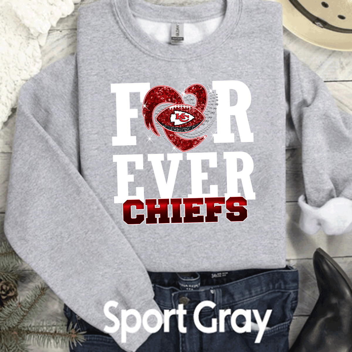 SuperBowl Kansas City Football Faux Glitter Forever Chiefs T-Shirt, KC Football Tee, Game Day Shirt Gift for Mom, Dad, Comfort Colors Oversized Look
