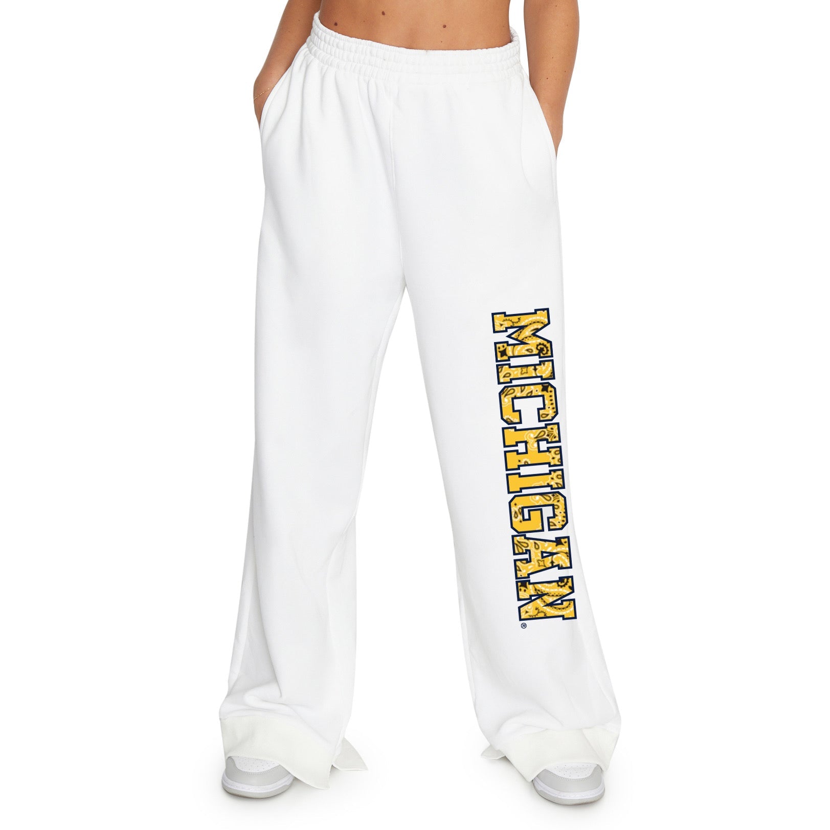 University of Michigan White Bandana Flare Sweatpants | lojobands 1