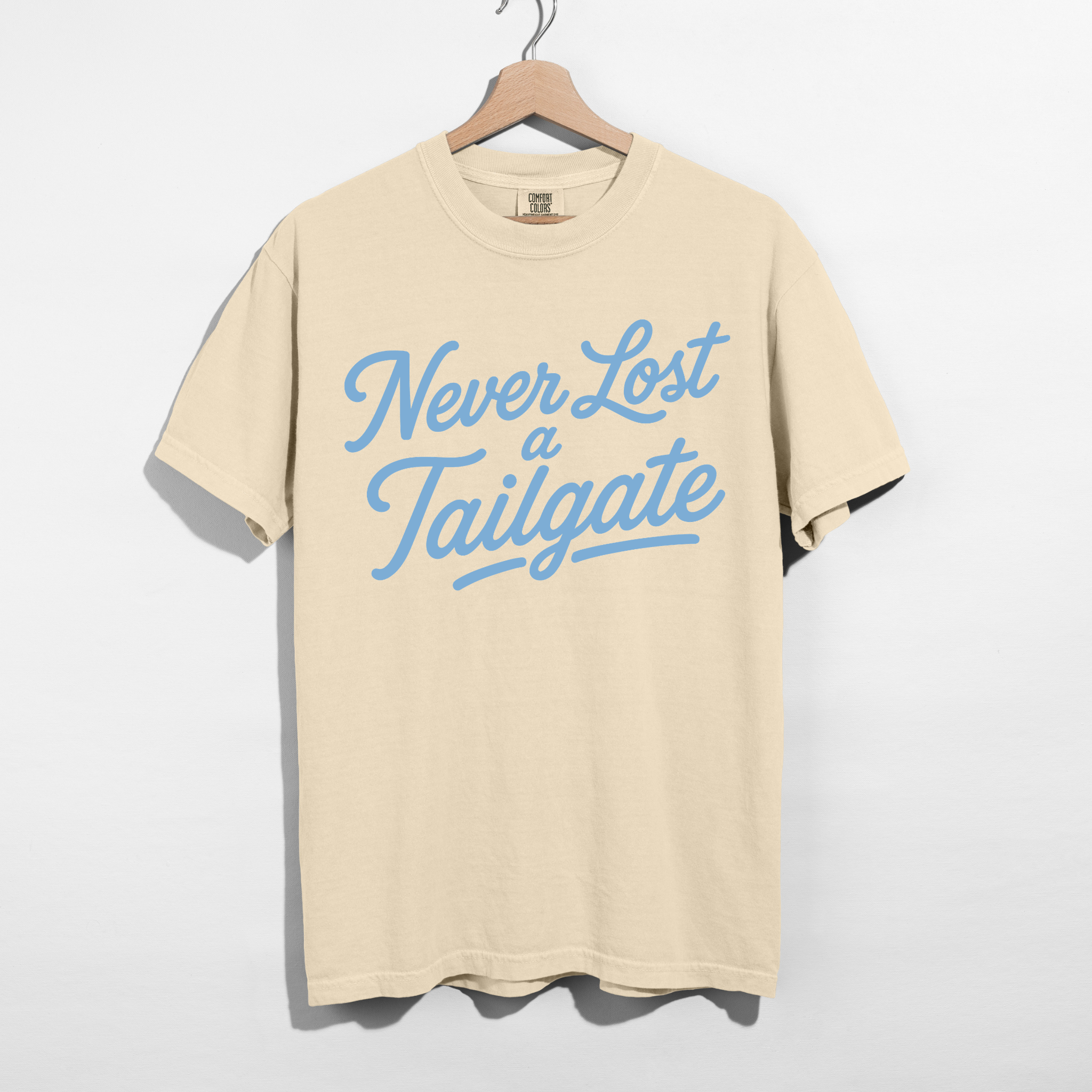 Never Lost a Tailgate Baby Blue Graphic Tee – Carolina Blue Football Game Day Shirt 2