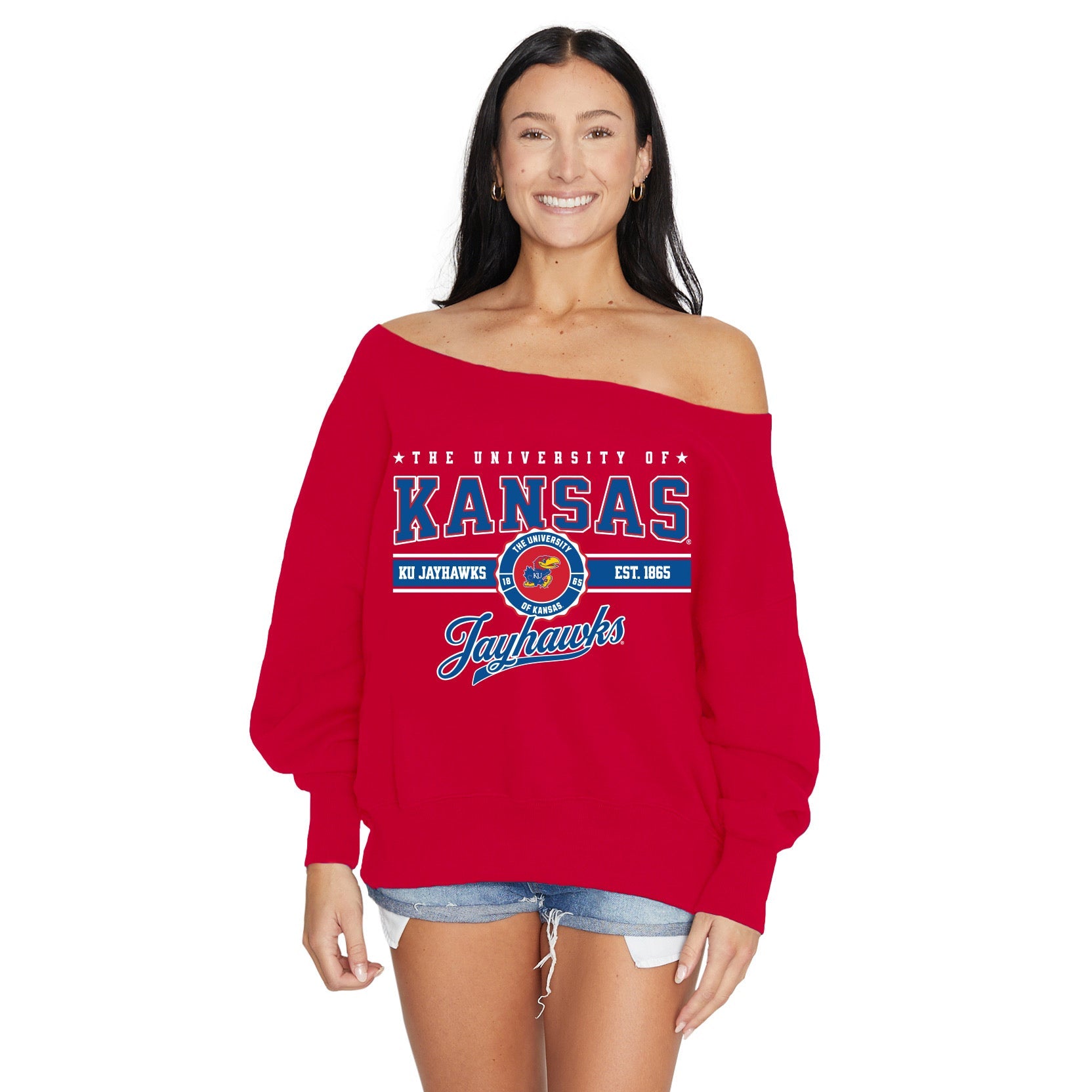 Kansas Jayhawks Off the Shoulder Sweatshirt | lojobands