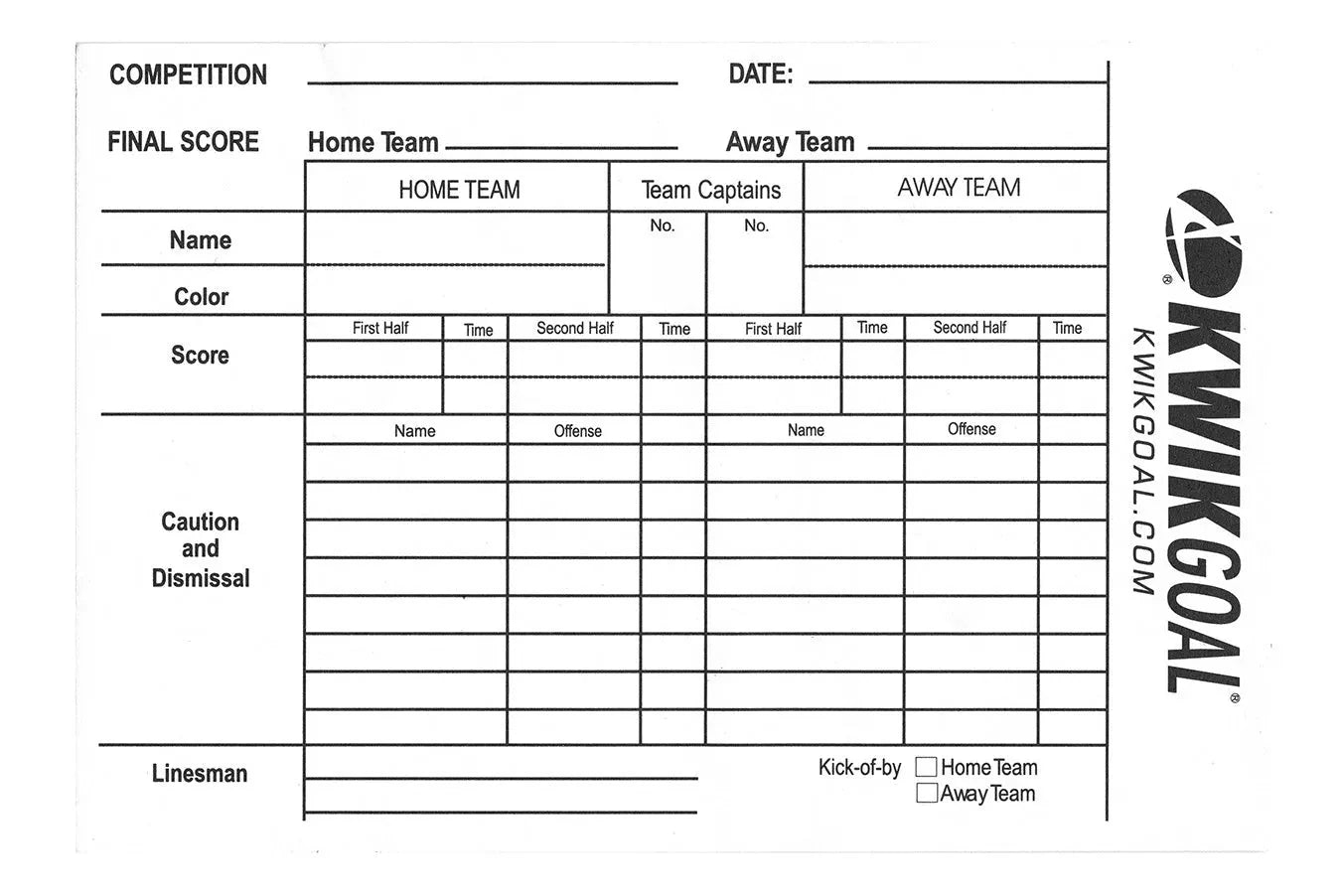 Kwik Goal Referee Score Sheet 1