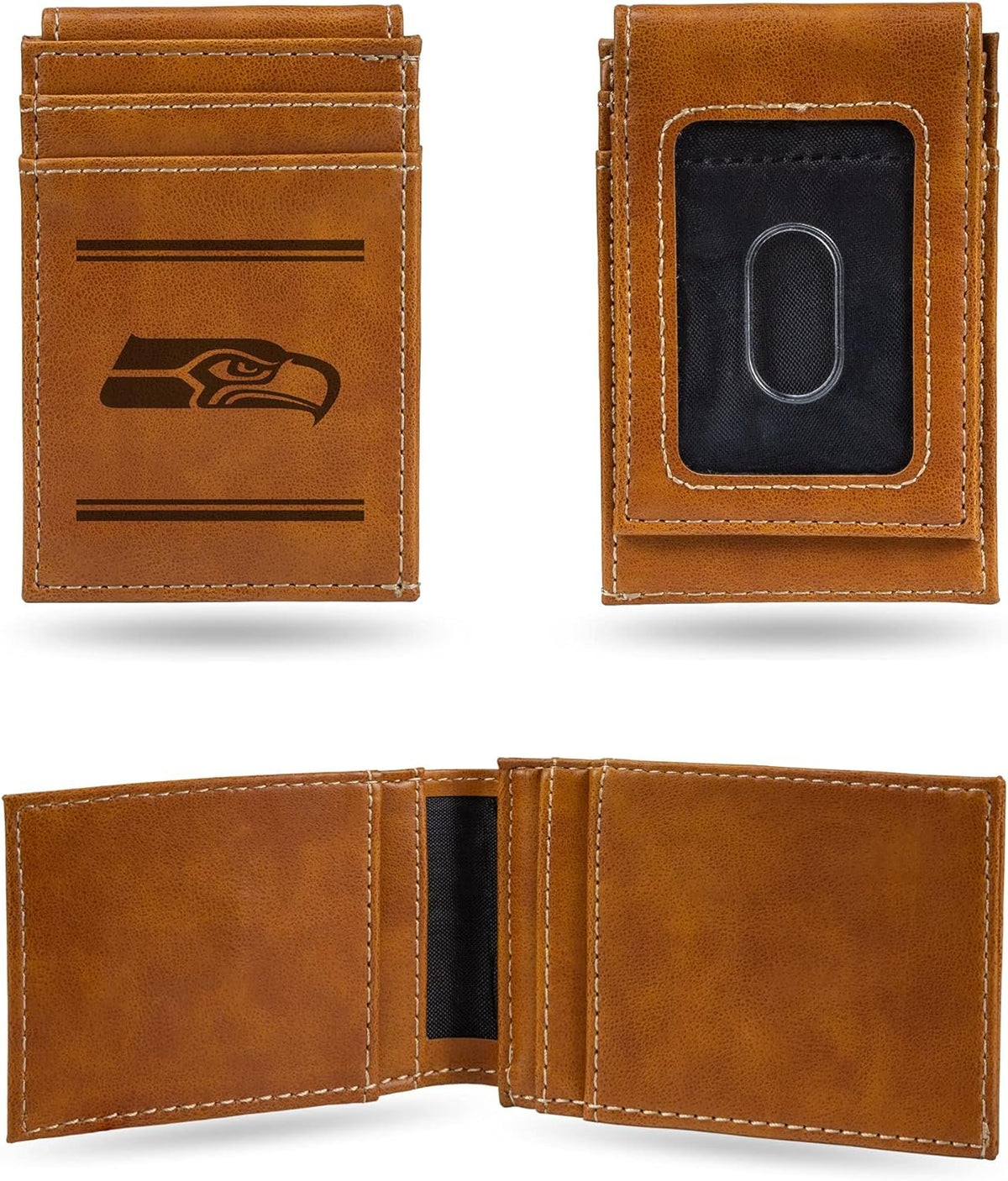 Rico Industries NFL Seattle Seahawks Premium Laser Engraved Vegan Brown Leather Front Pocket Wallet - Compact and Slim yet Sturdy Design - Perfect to Show Your Team Pride or Gift 1