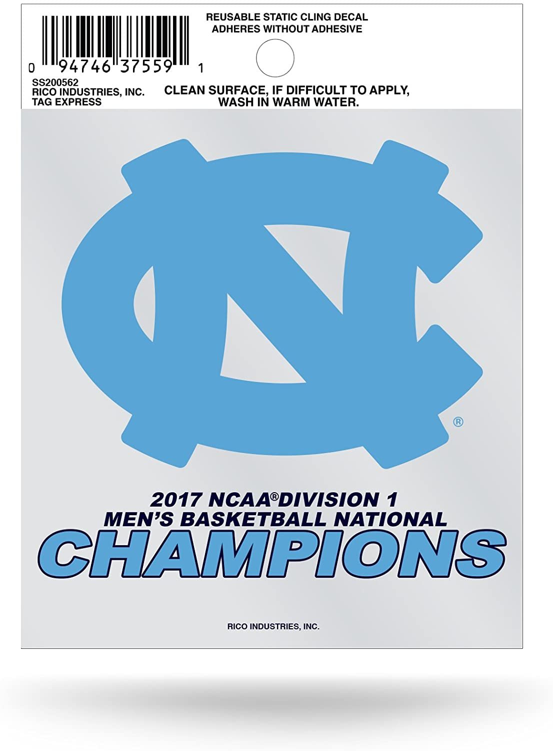 University of North Carolina Tar Heels 2017 Champions 3 Inch Flat Static Cling Decal 1