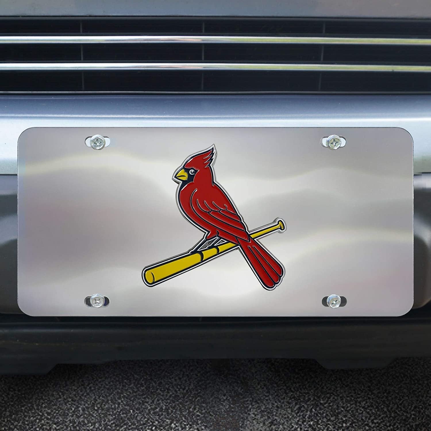 St Louis Cardinals License Plate Tag, Premium Stainless Steel Diecast, Chrome, Raised Solid Metal Color Emblem, 6x12 Inch