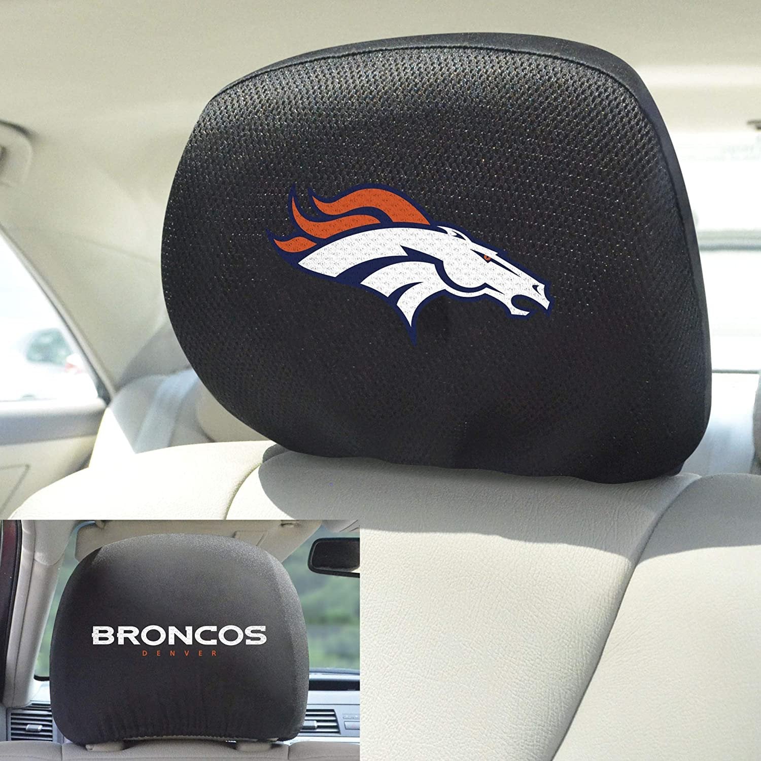 Denver Broncos Pair of Premium Auto Head Rest Covers, Embroidered, Black Elastic, 14x10 Inch 2