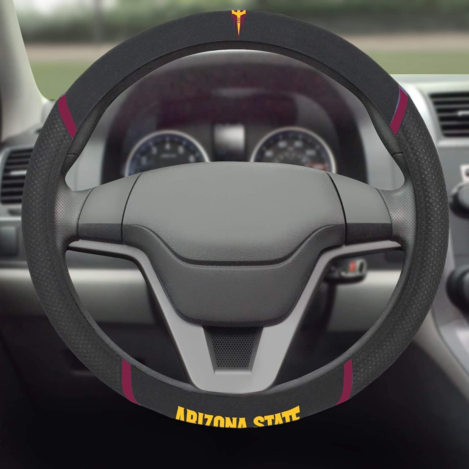 Arizona State Sun Devils Steering Wheel Cover Premium Embroidered Black 15 Inch University 3