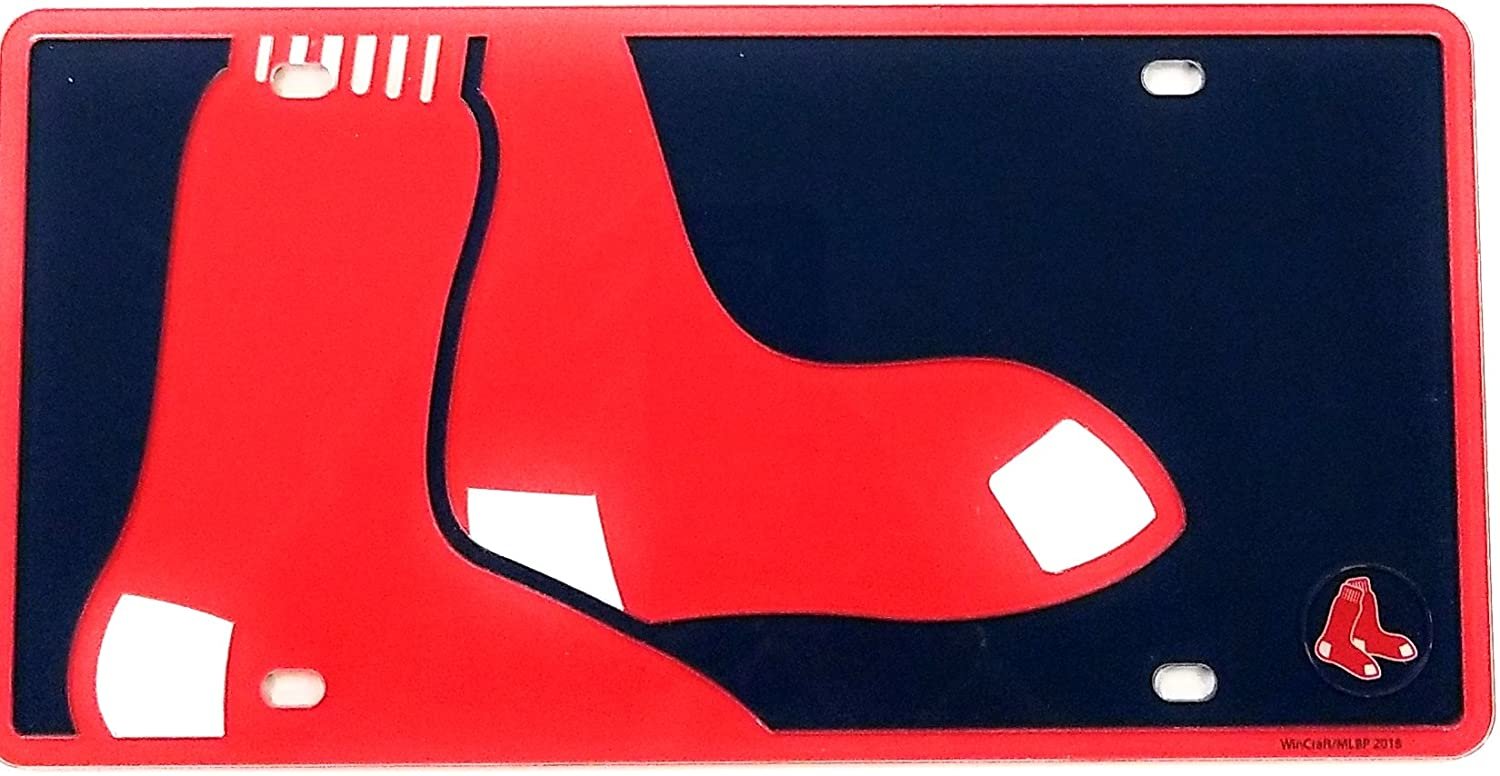Boston Red Sox Premium Laser Cut Tag License Plate, Mirrored Acrylic Inlaid, Mega Logo, 12x6 Inch 1