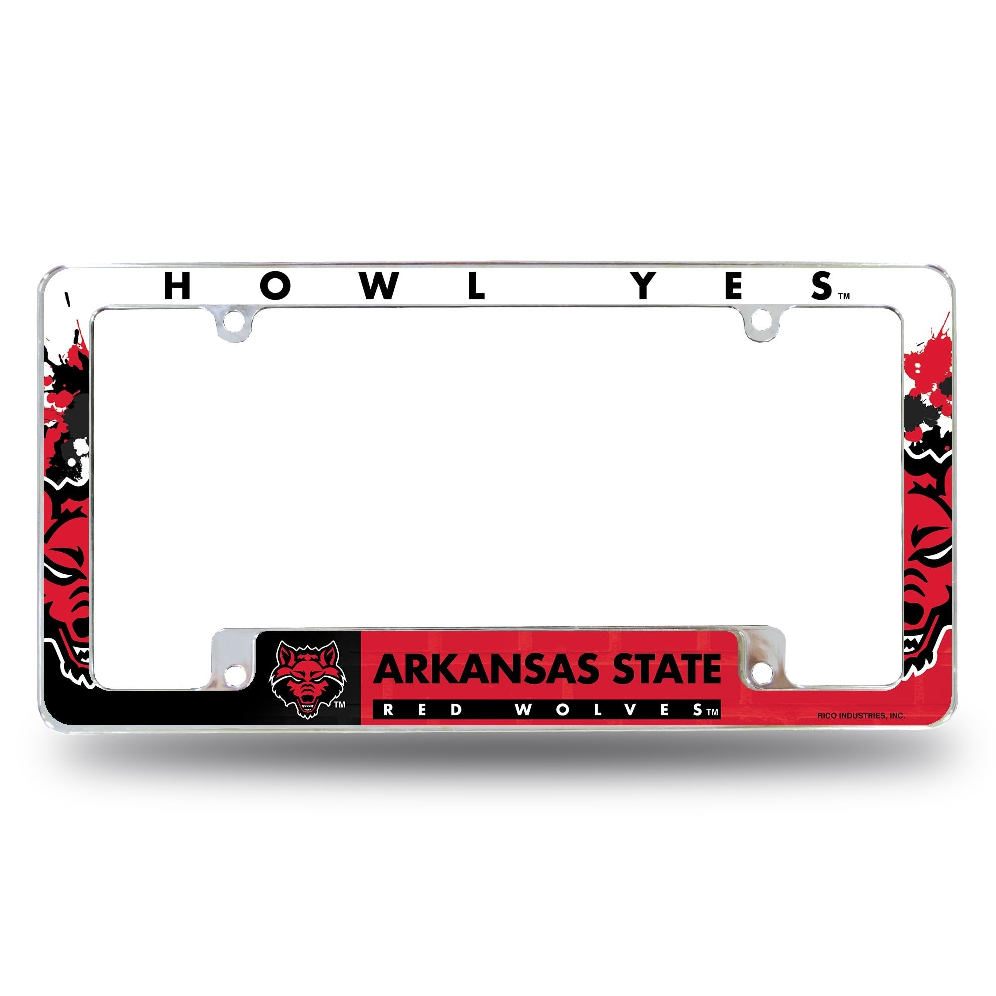 Arkansas State University Red Wolves Metal License Plate Frame Chrome Tag Cover, All Over Design, 6x12 Inch