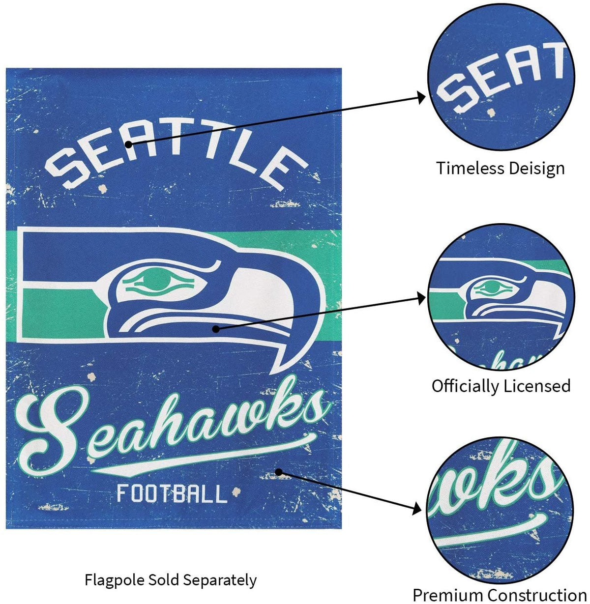 Seattle Seahawks House Banner Flag, Premium Double Sided, 28x44 Inch, Vintage Design, Linen, Indoor Outdoor 7