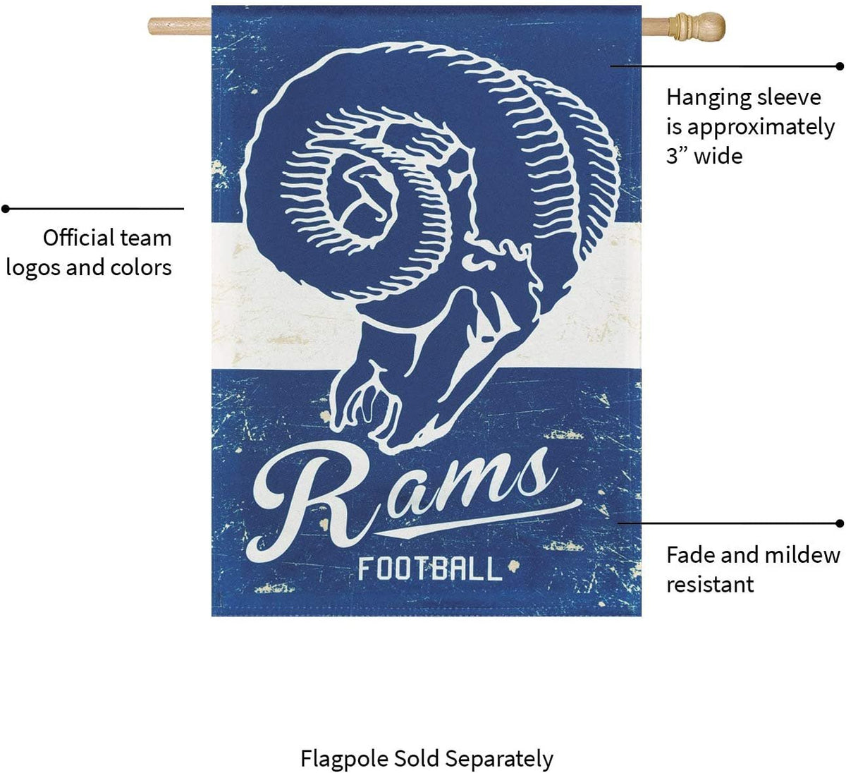Los Angeles Rams Premium House Flag Banner, Double Sided, Retro Vintage Style, Linen, 28x44 Inch 5