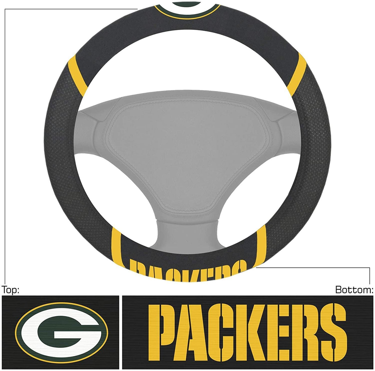 Green Bay Packers Steering Wheel Cover Premium Embroidered Black 15 Inch