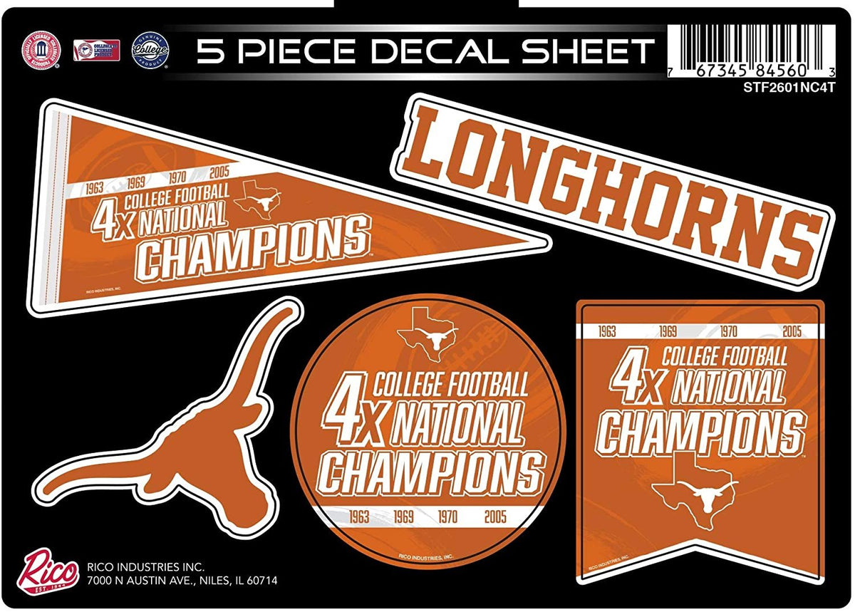 Texas Longhorns Decal Sticker Sheet 4X Time Champions 5 Piece Multi Flat Vinyl Emblem College Football University of 1