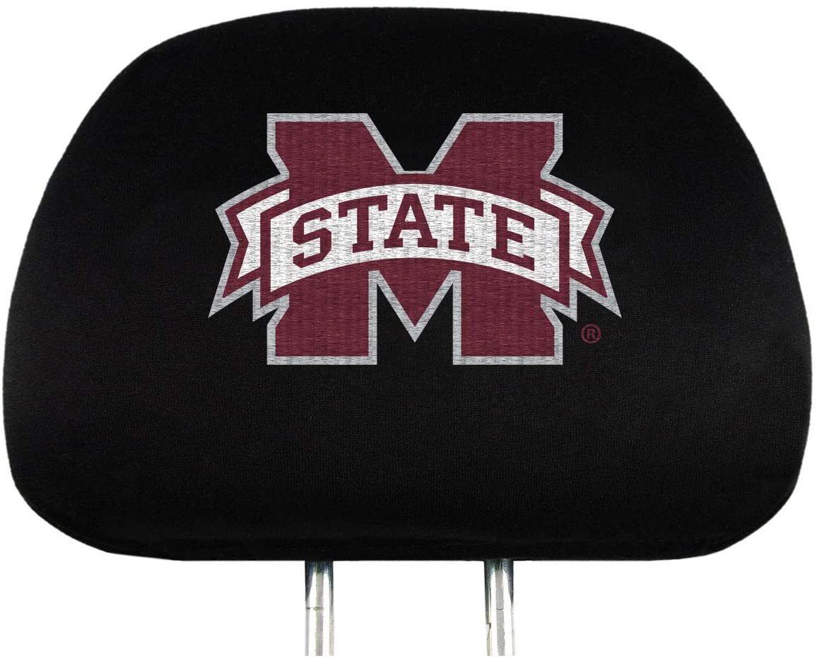 Mississippi State University Bulldogs Pair of Auto Head Rest Covers, Embroidered, Black Elastic, 14x10 Inch 1