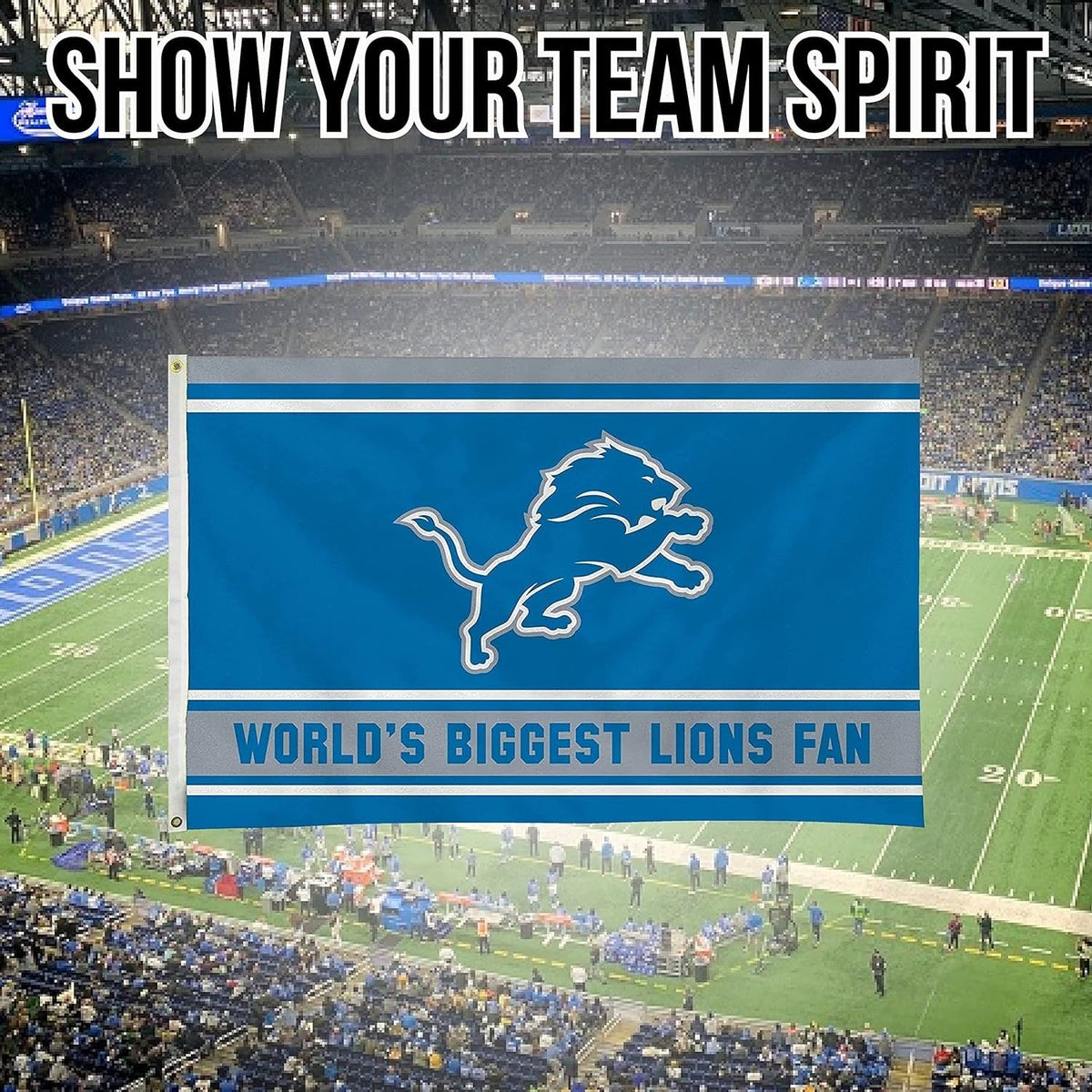 Detroit Lions 3x5 Feet Flag Banner, World's Biggest Fan, Metal Grommets, Single Sided, Indoor or Outdoor Use 6