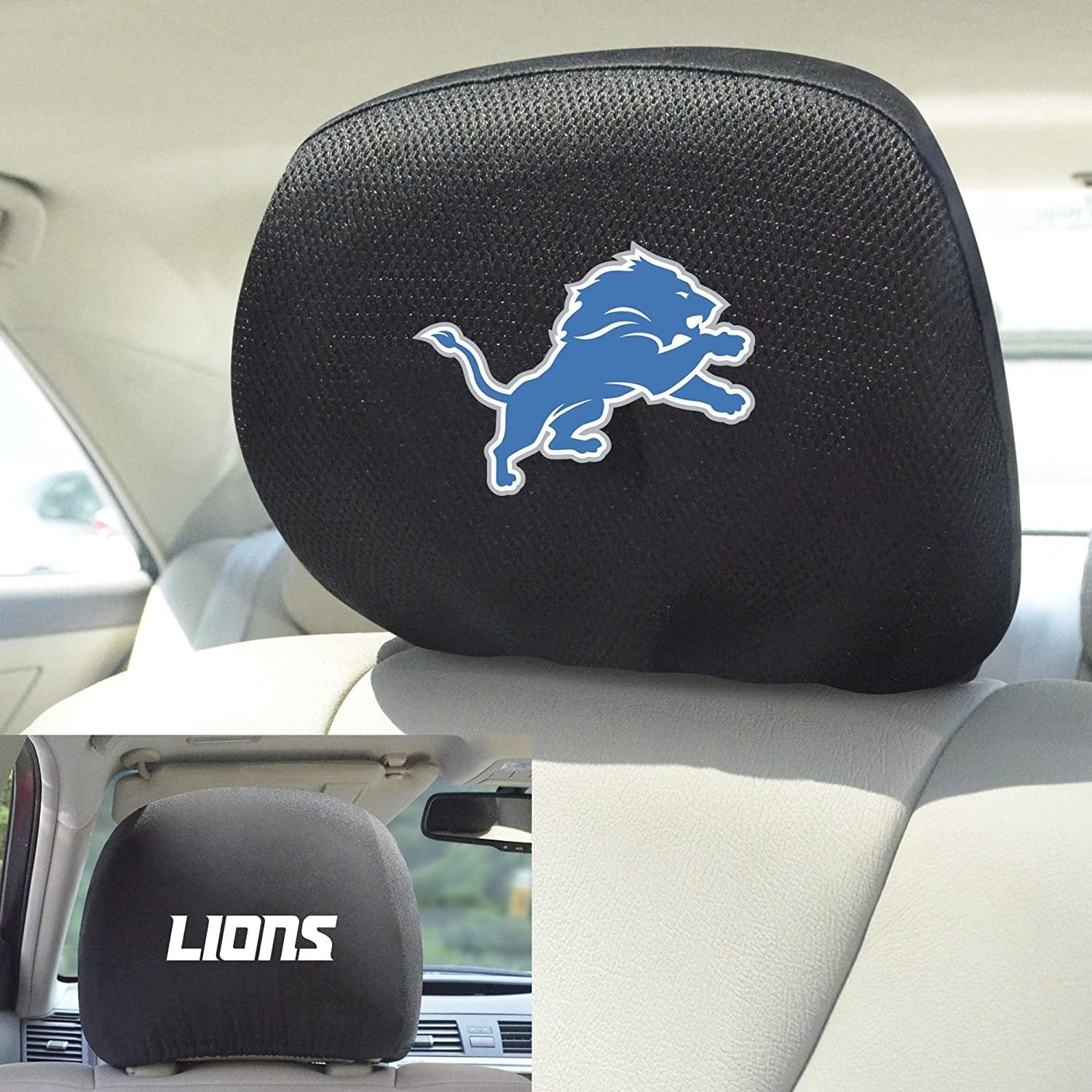 Detroit Lions Pair of Premium Auto Head Rest Covers, Embroidered, Black Elastic, 14x10 Inch 2