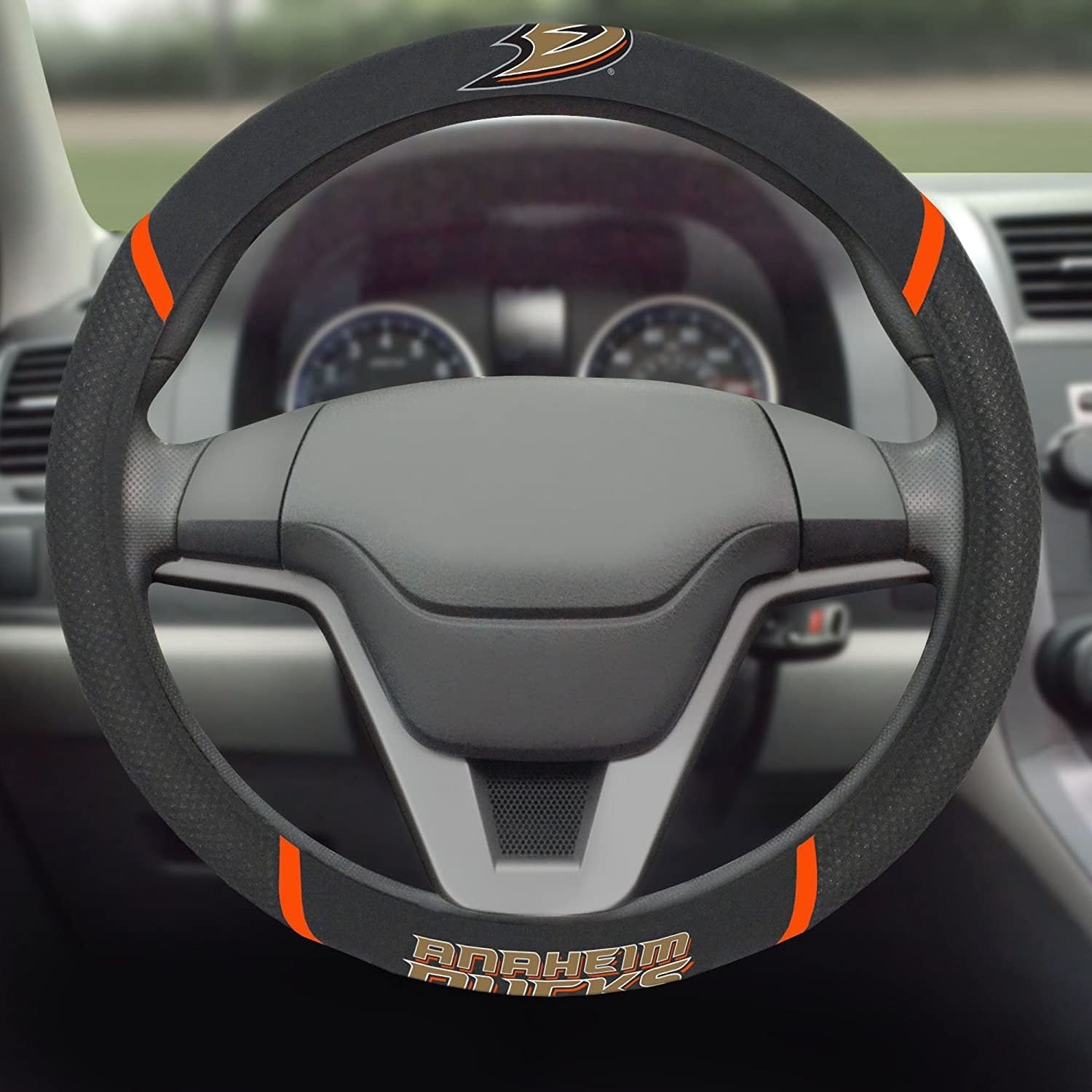 Anaheim Ducks Steering Wheel Cover Premium Embroidered Black 15 Inch 3