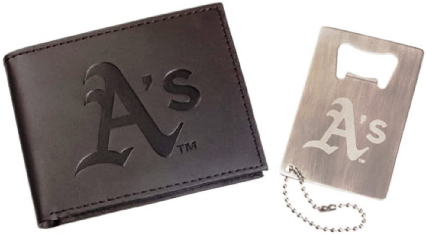 Oakland A's Athletics Black Vegan Leather Bifold Wallet and Bottle Opener Keychain Gift Set 1