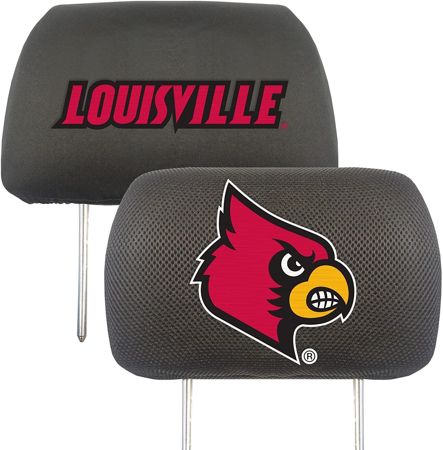 University of Louisville Cardinals Pair of Premium Auto Head Rest Covers, Embroidered, Black Elastic, 14x10 Inch