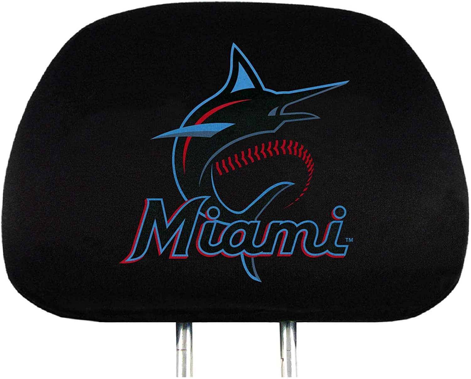 Miami Marlins Pair of Premium Auto Head Rest Covers, Embroidered, Black Elastic, 14x10 Inch 1