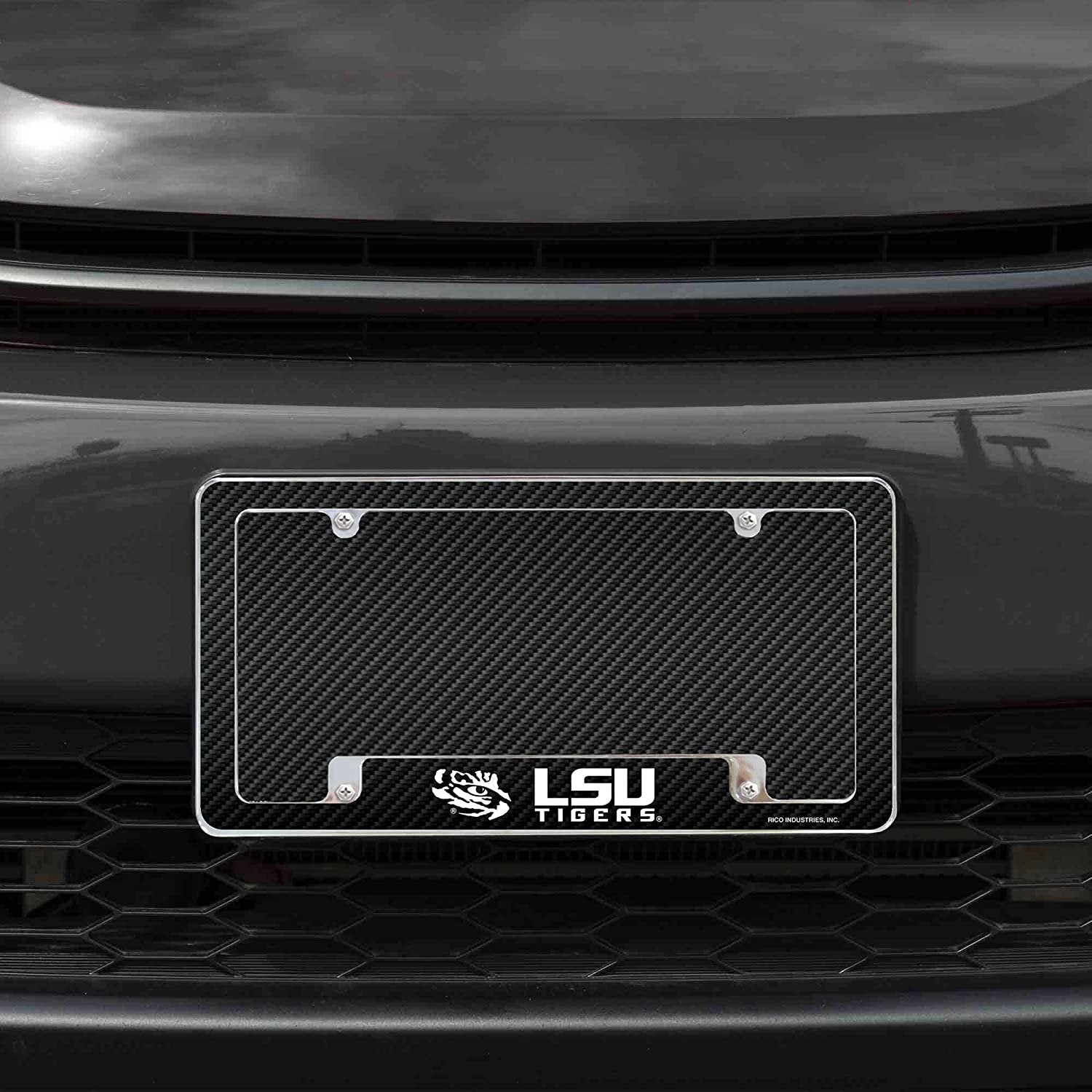 Louisiana State University Tigers LSU Metal License Plate Frame Chrome Tag Cover Carbon Fiber Design 6x12 Inch