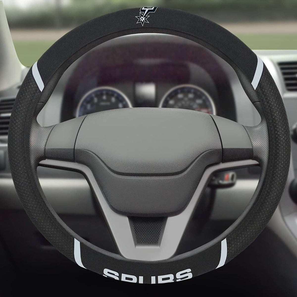 San Antonio Spurs Steering Wheel Cover Premium Embroidered Black 15 Inch 3