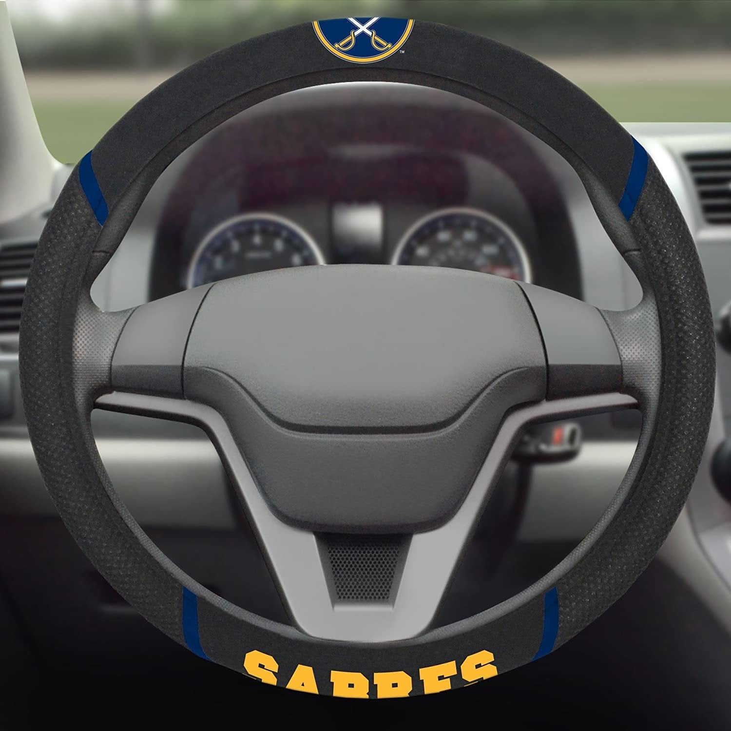 Buffalo Sabres Steering Wheel Cover Premium Embroidered Black 15 Inch 3
