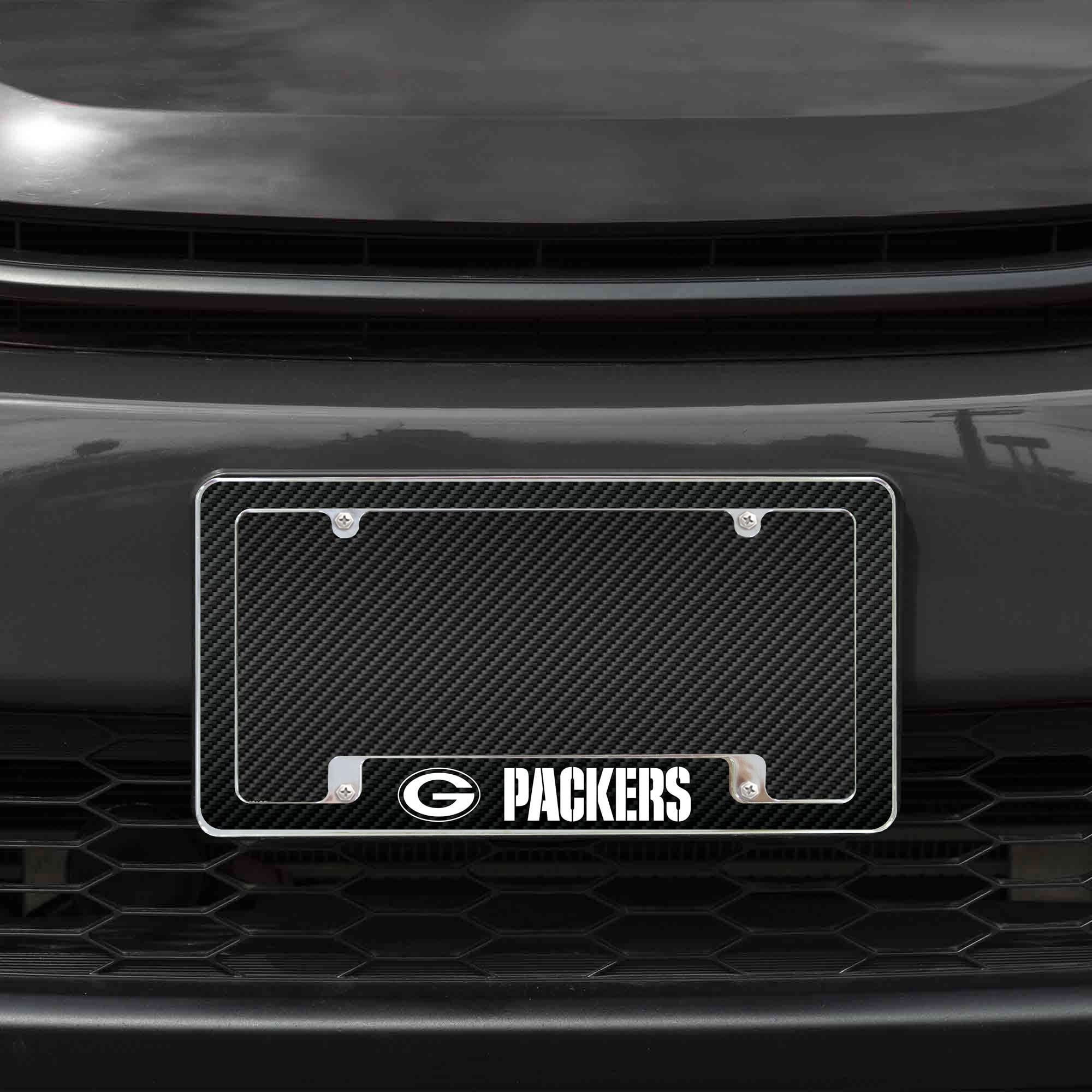 Green Bay Packers Chrome Metal License Plate Frame Tag Cover, Carbon Fiber Design, 12x6 Inch