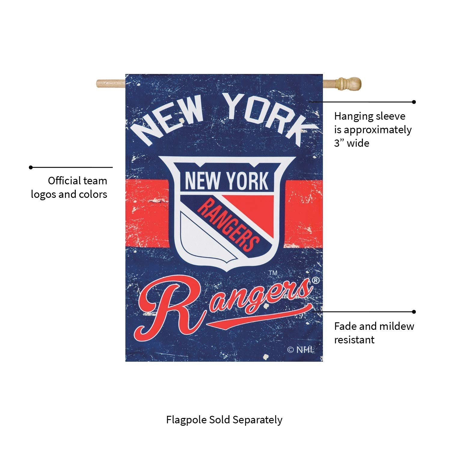 New York Rangers Premium Double Sided Banner Vertical House Flag, Vintage Styling with Retro Logo, 28x44 Inch, Display Stand Sold Seperately, Officially Licensed 3