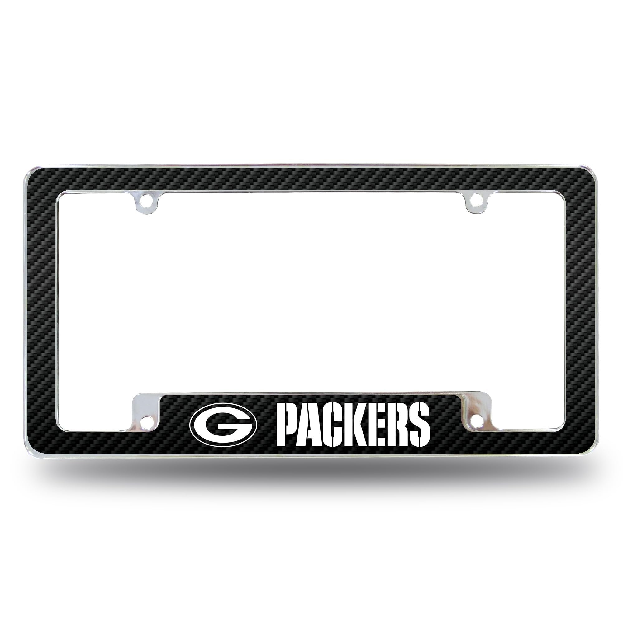 Green Bay Packers Chrome Metal License Plate Frame Tag Cover, Carbon Fiber Design, 12x6 Inch