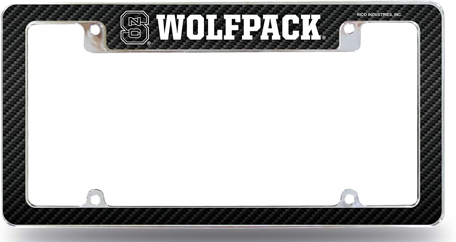 North Carolina State university Wolfpack Chrome Metal License Plate Frame Tag Cover, Carbon Fiber Design, 12x6 Inch