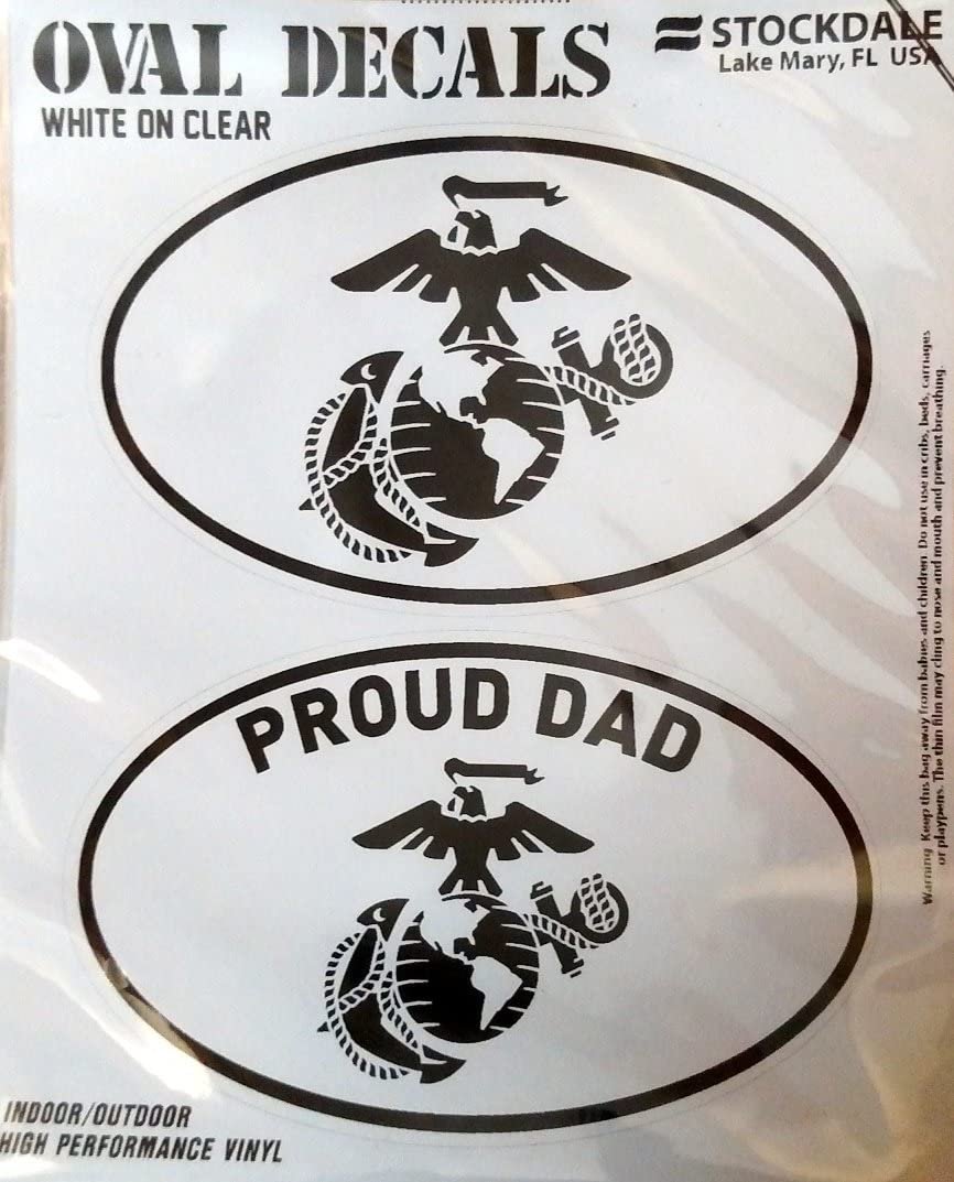 U.S. Marines, Proud Dad, 2-Piece White and Clear Euro Decal Sticker Set, 4x2.5 Inch Each, United States Military 1