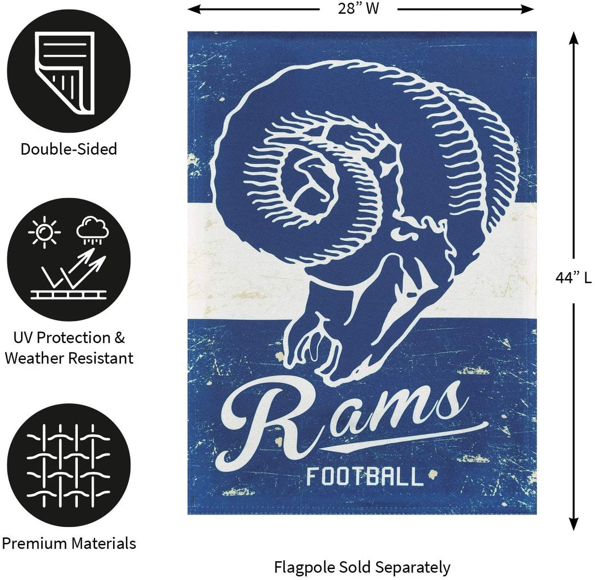 Los Angeles Rams Premium House Flag Banner, Double Sided, Retro Vintage Style, Linen, 28x44 Inch 4