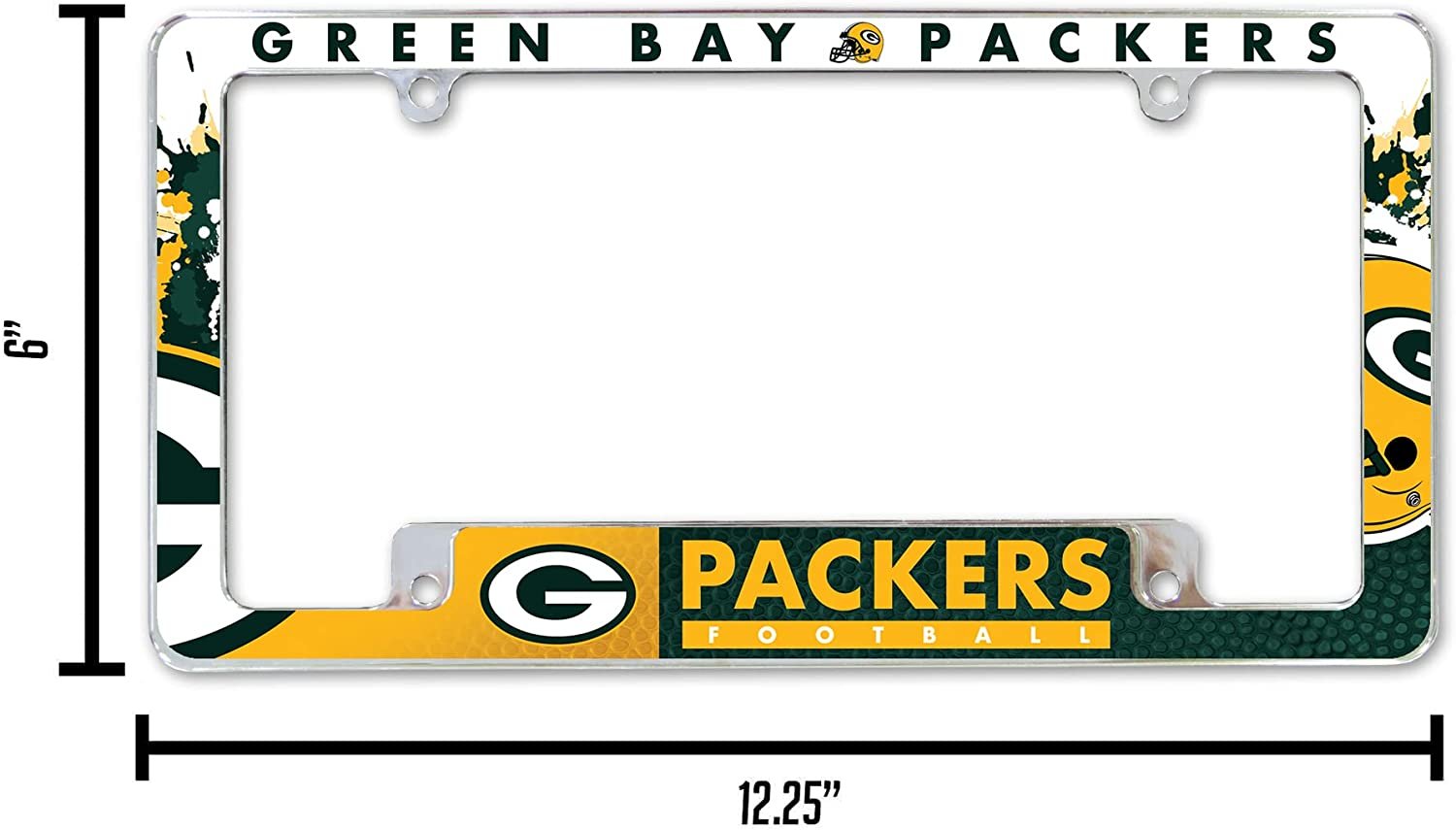 Green Bay Packers Metal License Plate Frame Chrome Tag Cover All Over Design 6x12 Inch 3