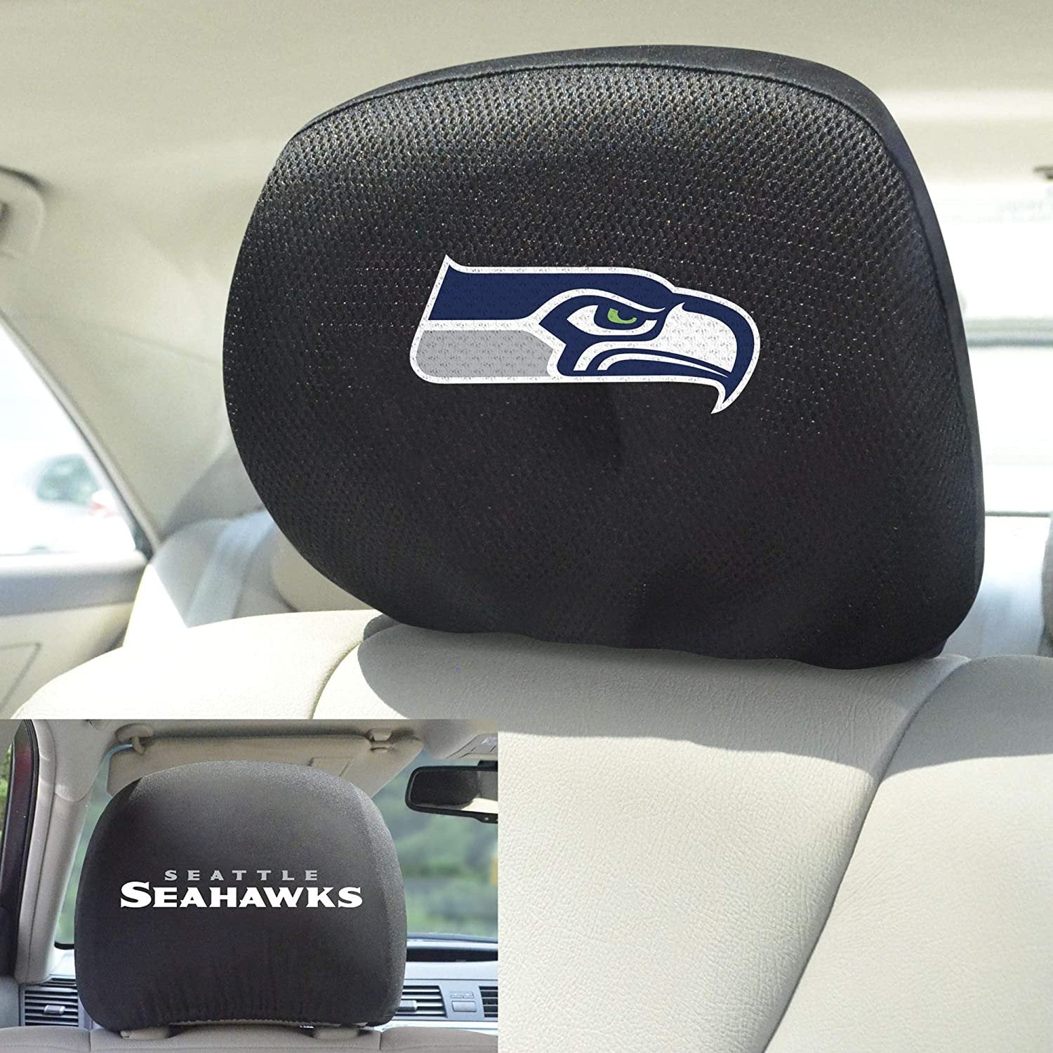 Seattle Seahawks Pair of Premium Auto Head Rest Covers, Embroidered, Black Elastic, 14x10 Inch 2