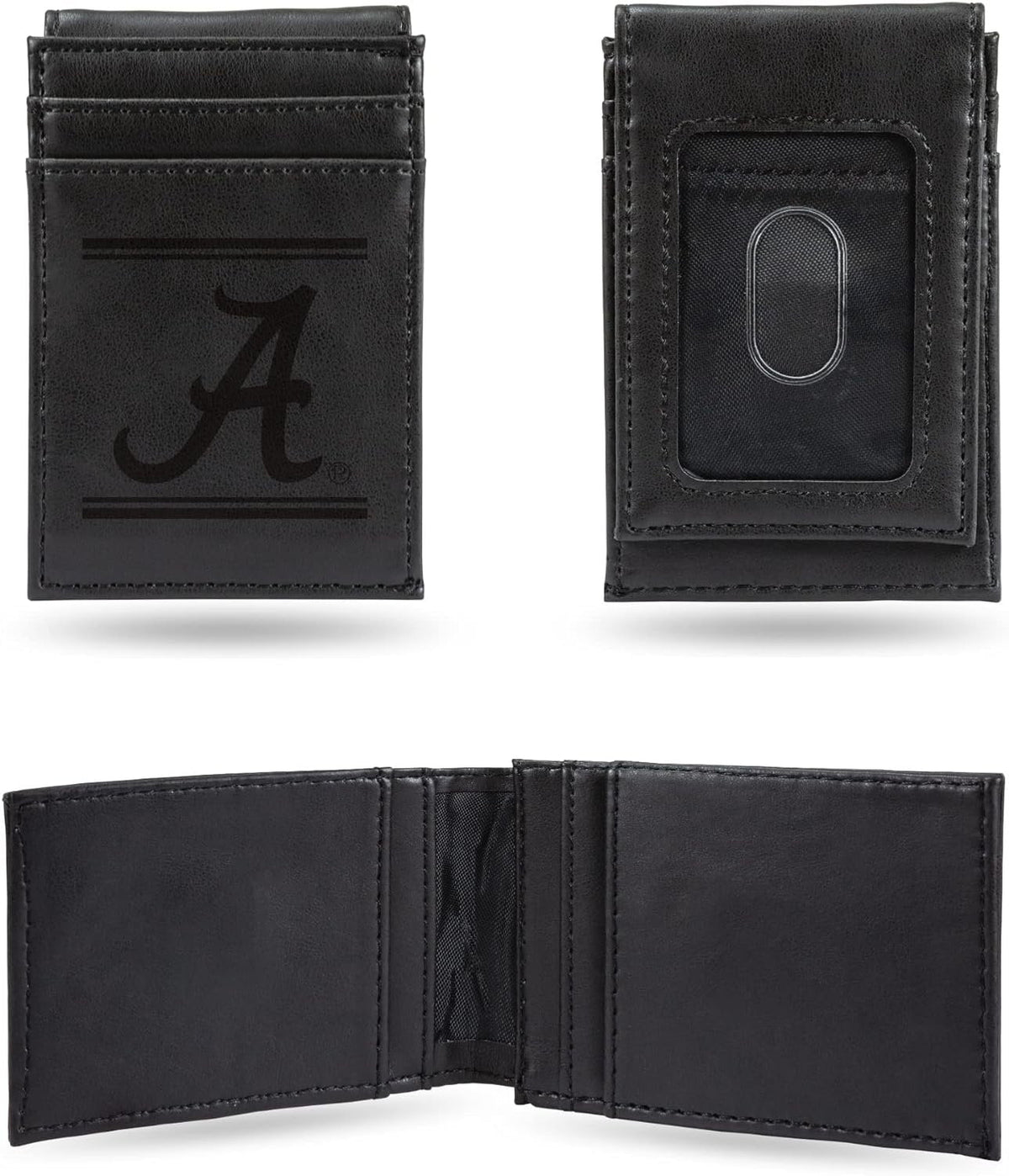 University of Alabama Crimson Tide Premium Black Leather Wallet, Front Pocket Magnetic Money Clip, Laser Engraved, Vegan
