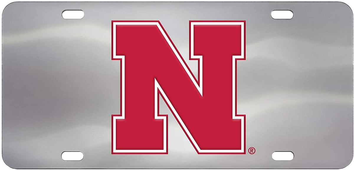 University of Nebraska Cornhuskers License Plate Tag, Premium Stainless Steel Diecast, Chrome, Raised Solid Metal Color Emblem, 6x12 Inch