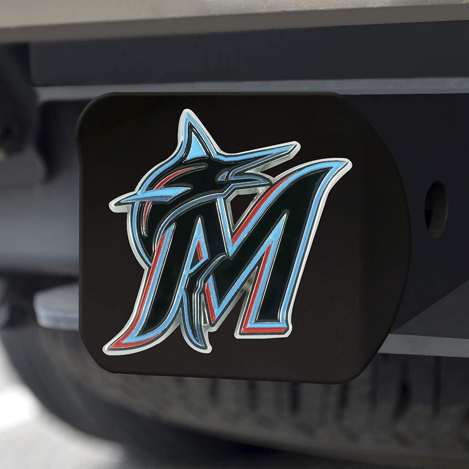 Miami Marlins Hitch Cover Black Solid Metal with Raised Color Metal Emblem 2" Square Type III