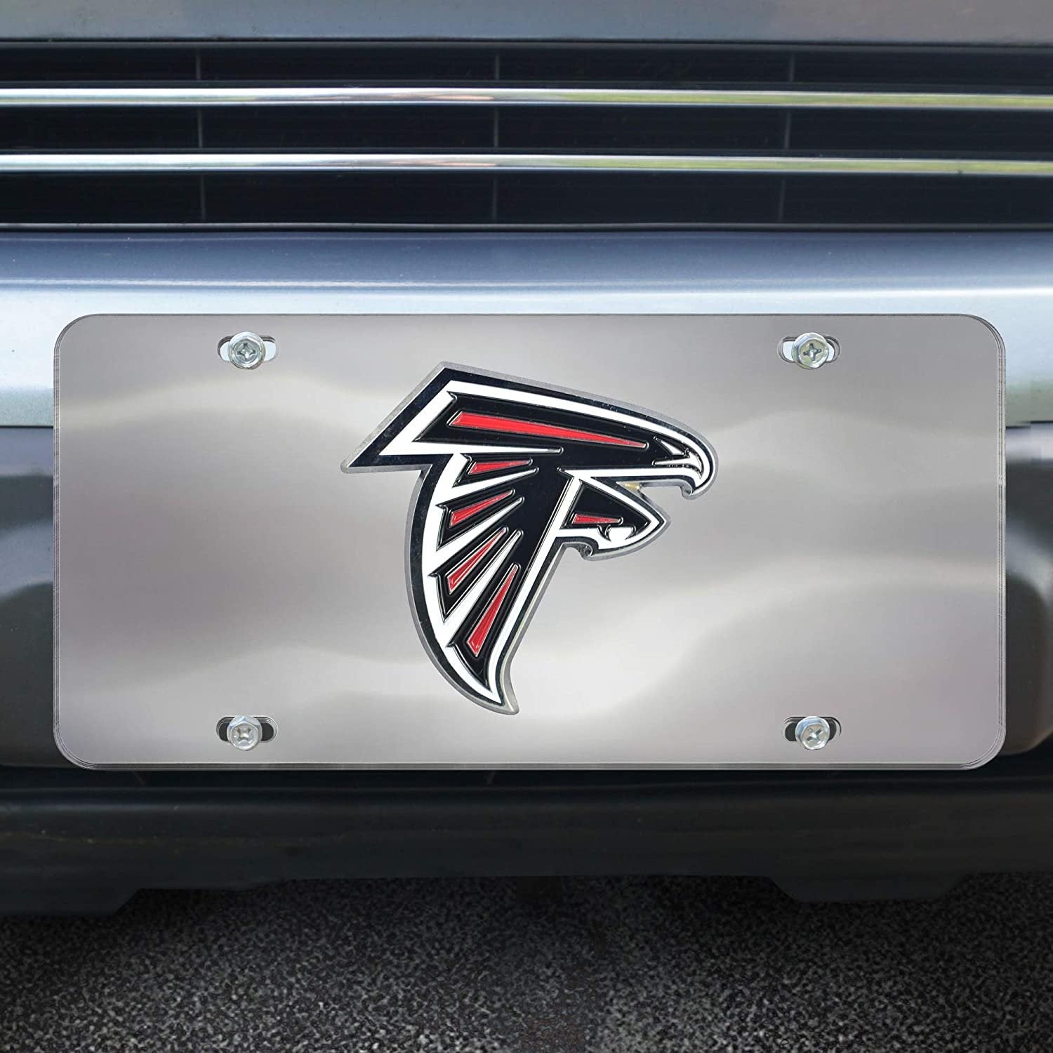 Atlanta Falcons License Plate Tag, Premium Stainless Steel Diecast, Chrome, Raised Solid Metal Color Emblem, 6x12 Inch