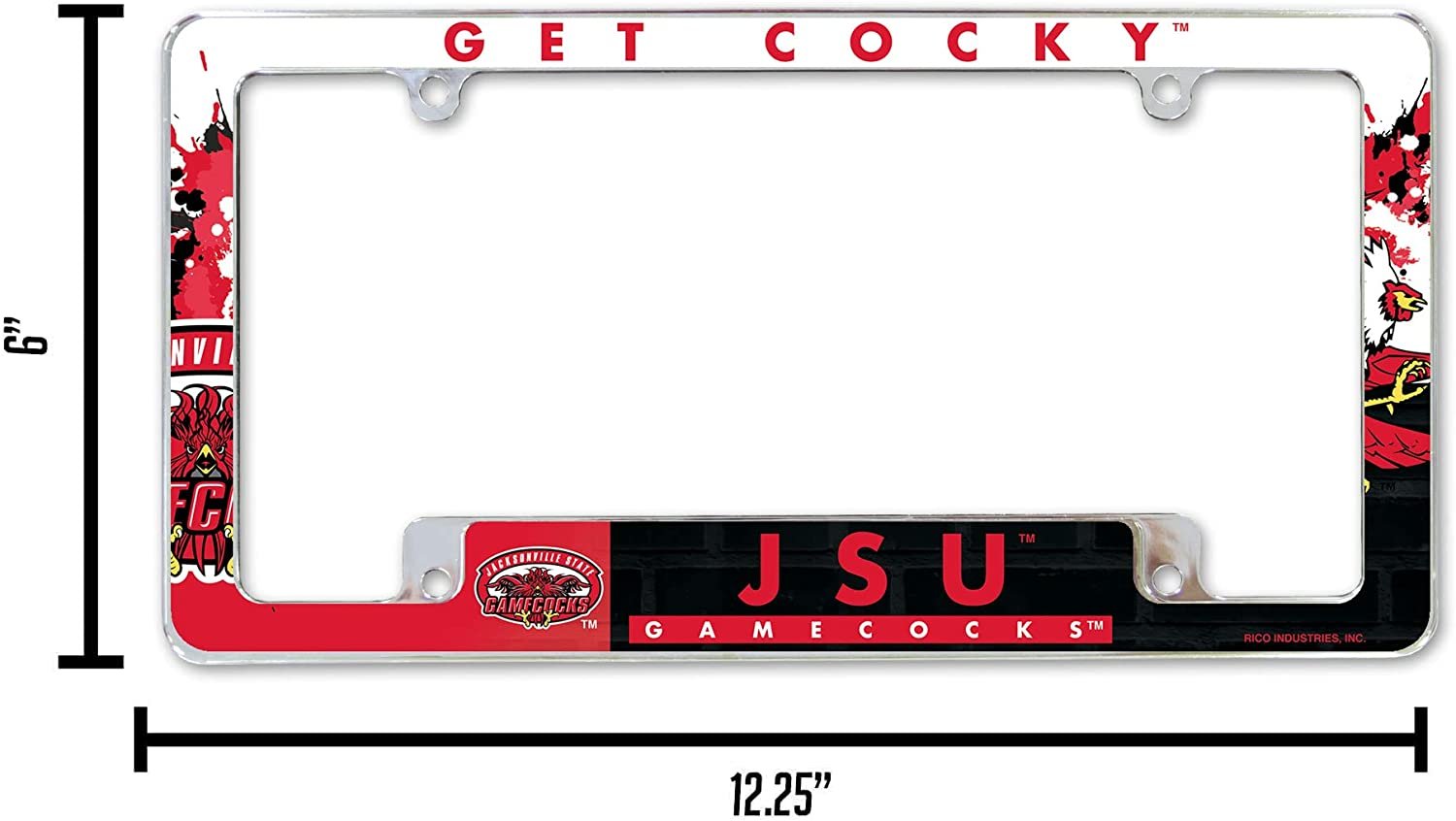 Jacksonville State University Gamecocks Metal License Plate Frame Chrome Tag Cover All Over Design 6x12 Inch 5