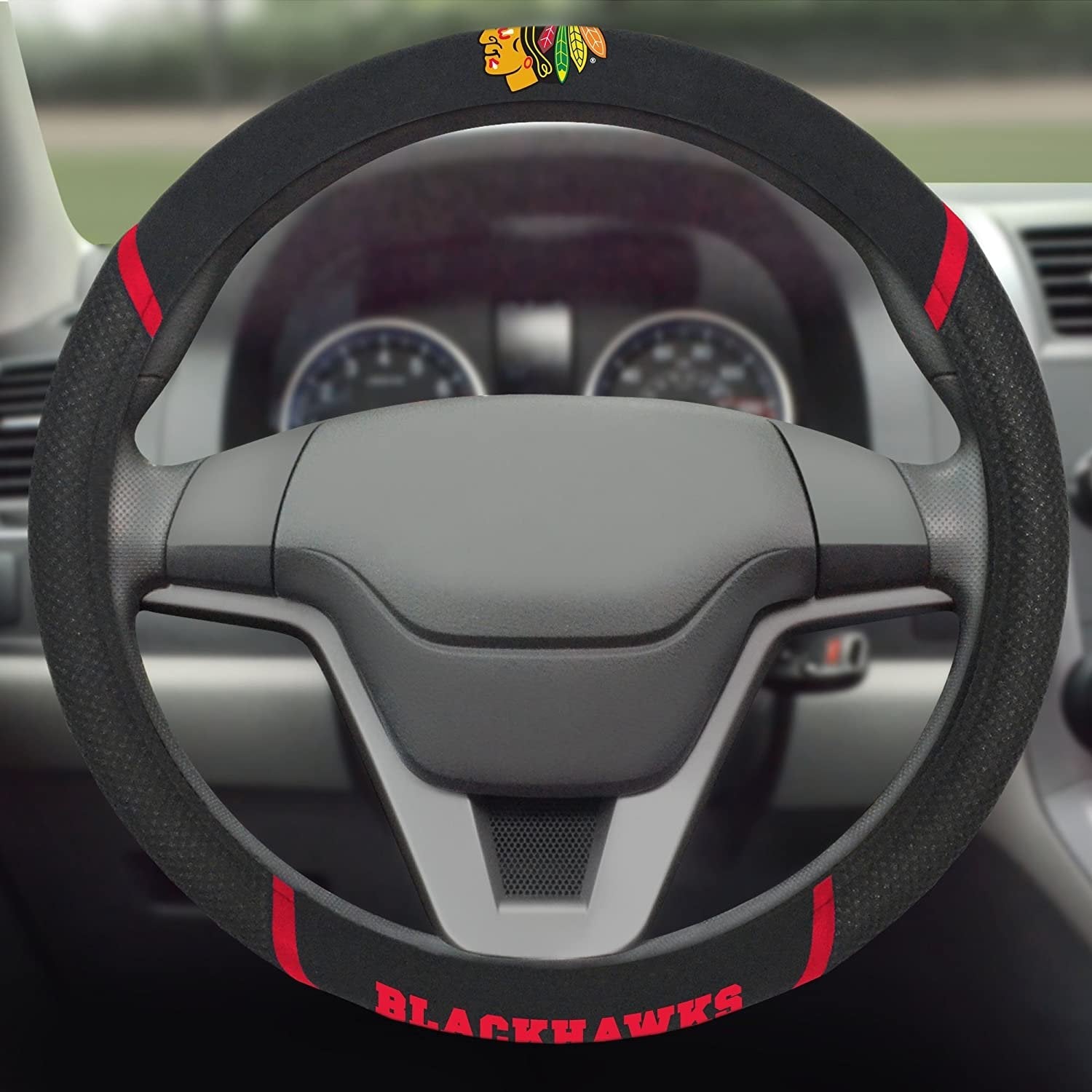 Chicago Blackhawks Steering Wheel Cover Premium Embroidered Black 15 Inch 3