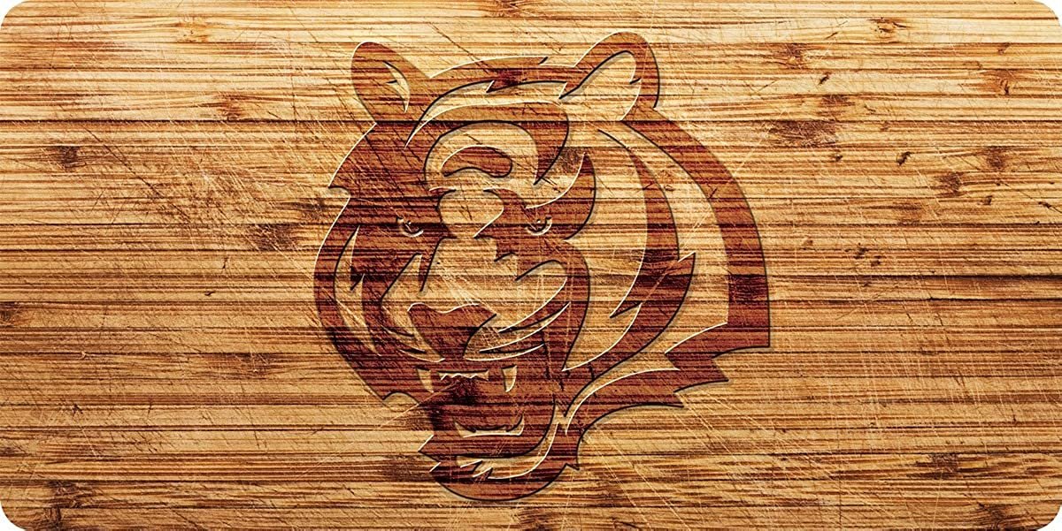 Cincinnati Bengals Premium Laser Cut Tag License Plate, Woodgrain Style, Mirrored Acrylic Inlaid, 12x6 Inch 1
