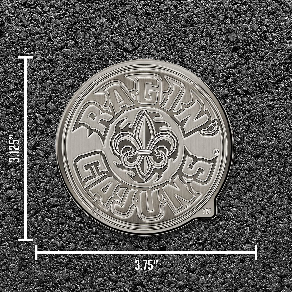 University of Louisiana Lafayette Ragin Cajuns Solid Metal Raised Auto Emblem, Antique Nickel Finish, Shape Cut, Adhesive Backing 4