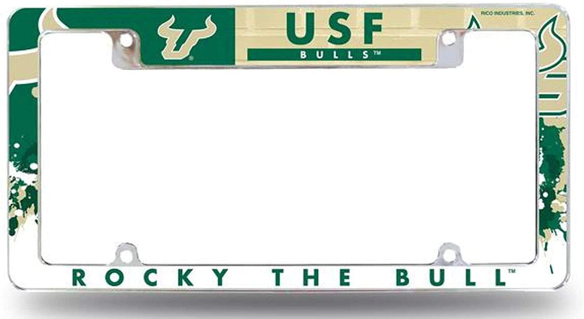 University of South Florida USF Bulls Metal License Plate Frame Tag Cover, All Over Design, 12x6 Inch 1
