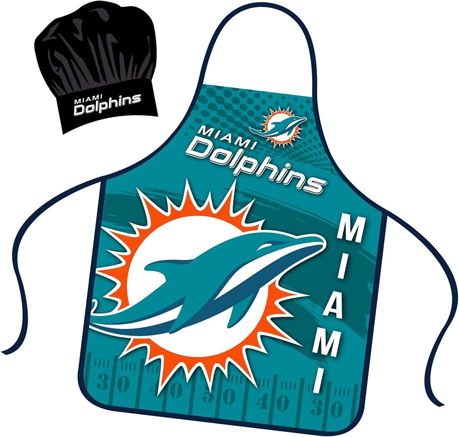 Miami Dolphins Apron Chef Hat Set Full Color Universal Size Tie Back Grilling Tailgate BBQ Cooking Host 1