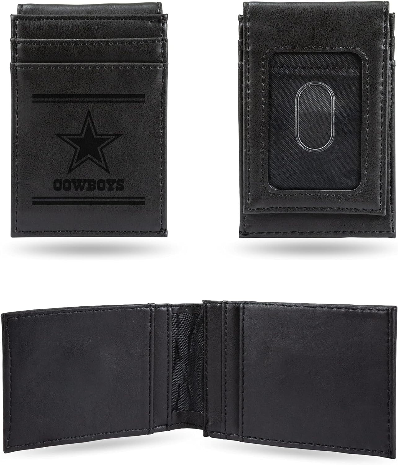 Dallas Cowboys Premium Black Leather Wallet, Front Pocket Magnetic Money Clip, Laser Engraved, Vegan